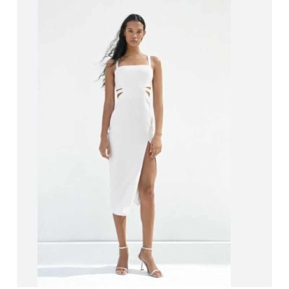 Zara Womens Cut-Out Midi Dress L White Front Slit sleeveless 2298/143 NWT